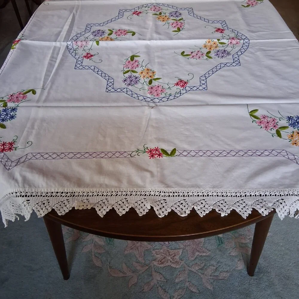 🌸 Vintage Floral Embroidered Tablecloth • Crochet Lace Edge • 54x58 Multicolor